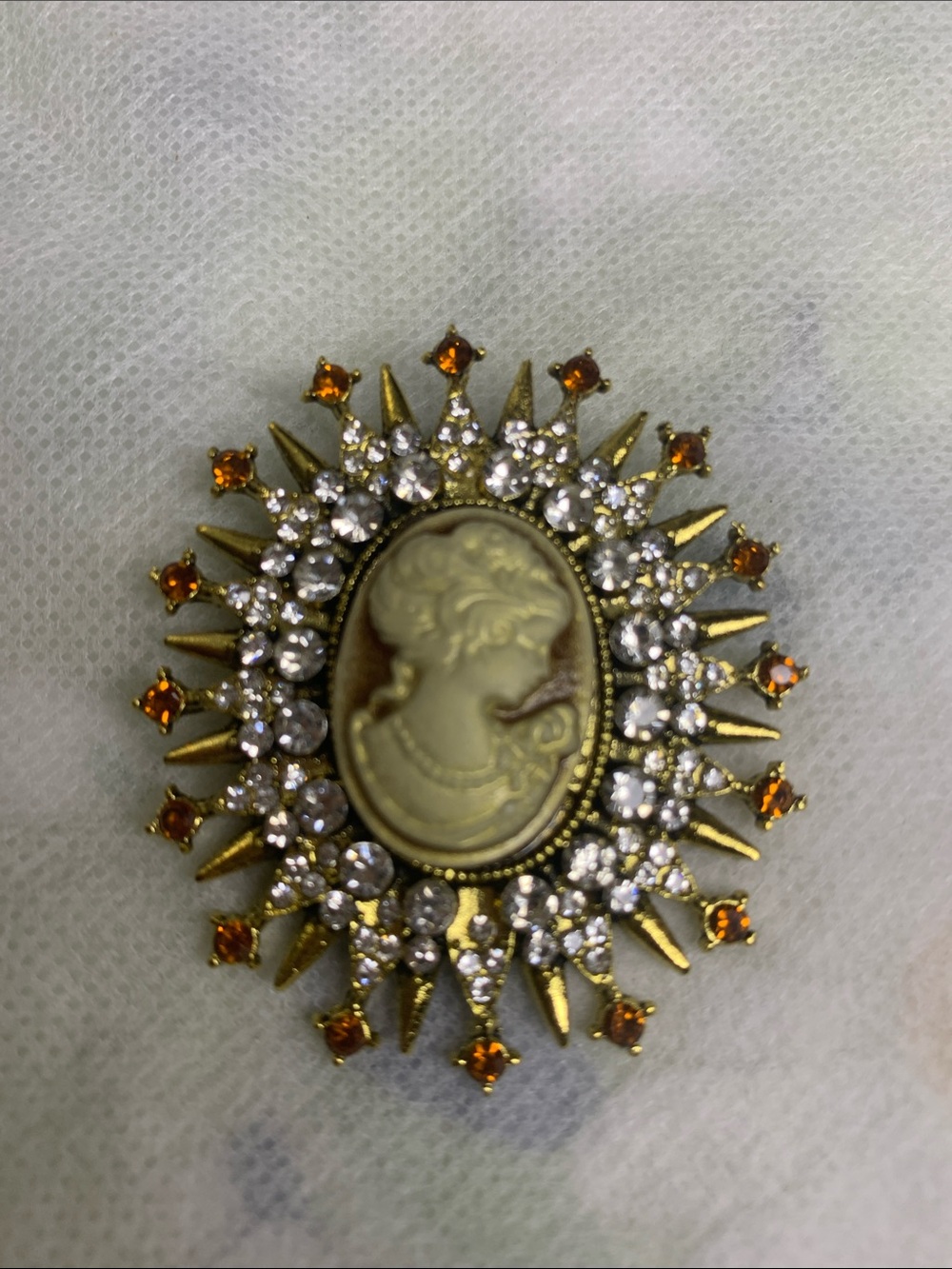 Gold Cameo Brooch with Amber and Clear Crystals - Women's Jewelry